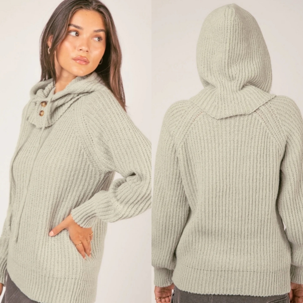Oversized Women's Balaclava Hoodie Soft Knit Fisherman's Sweater Size S Green
